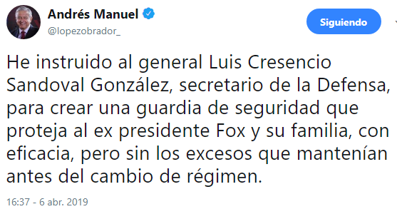 El presidente Andrés Manuel ordena guardias de seguridad para el expresidente Vicente Fox.