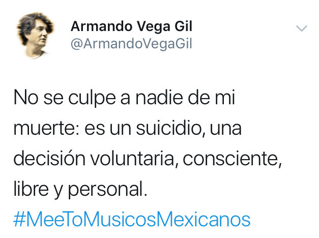 Despedida de Armando Vega Gil que precede a la nota suicida