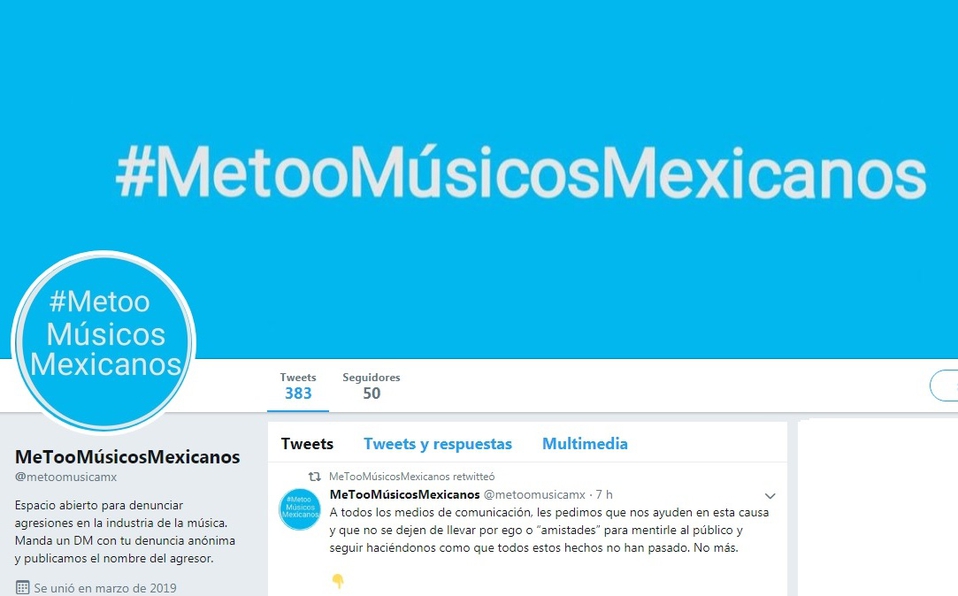 Cuenta de Twitter de #MeTooMúsicosMexicanos, desde donde salió la denuncia anónima contra Armando Vega Gil