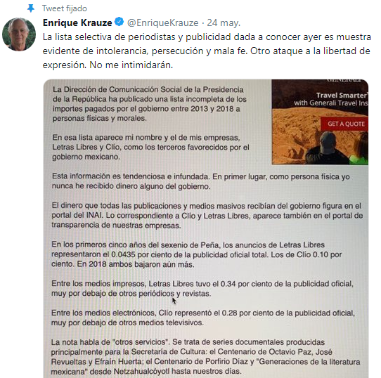 Enrique Krauze. Defensa de Editorial Clío y Revista Letras Libres. Lista de periodistas pagados por Peña Nieto.